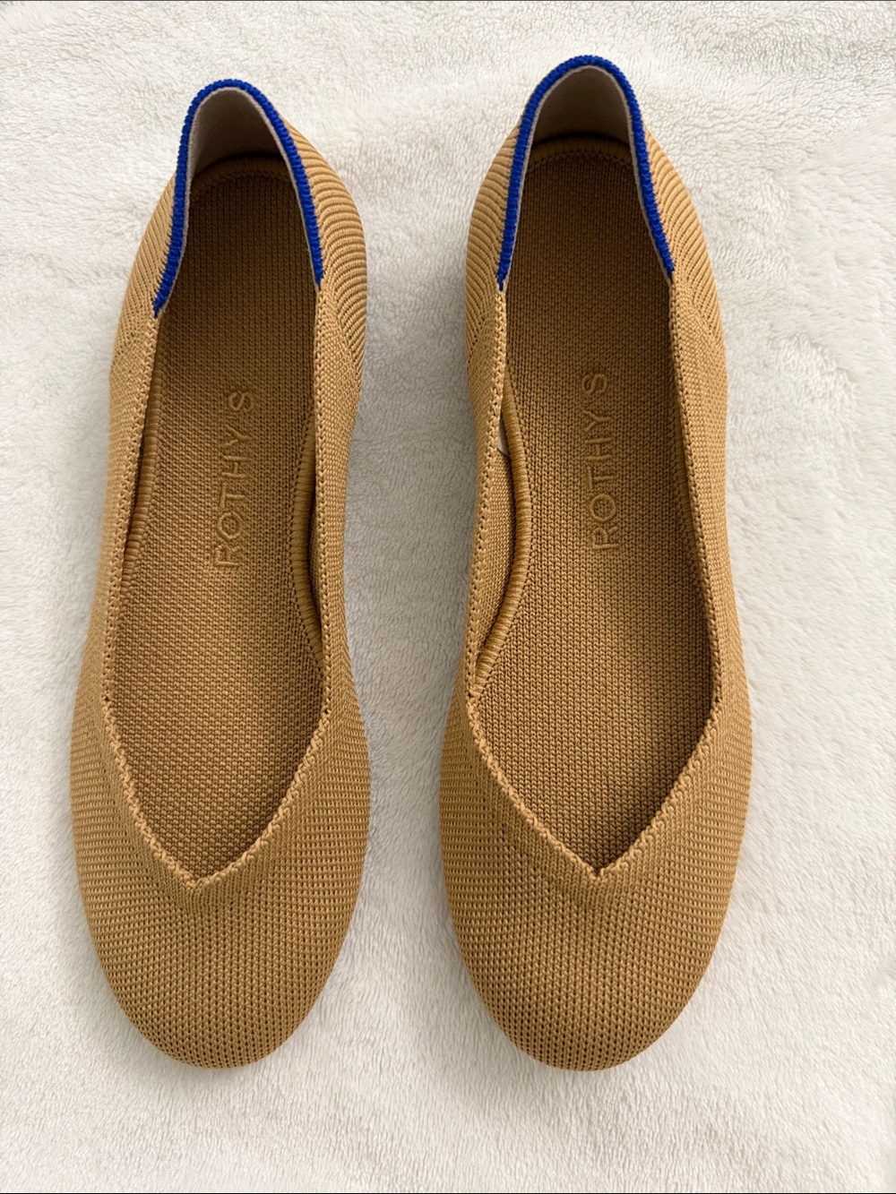 Rothy's Camel Knit Pointed Ballet Flats with Blue Trim